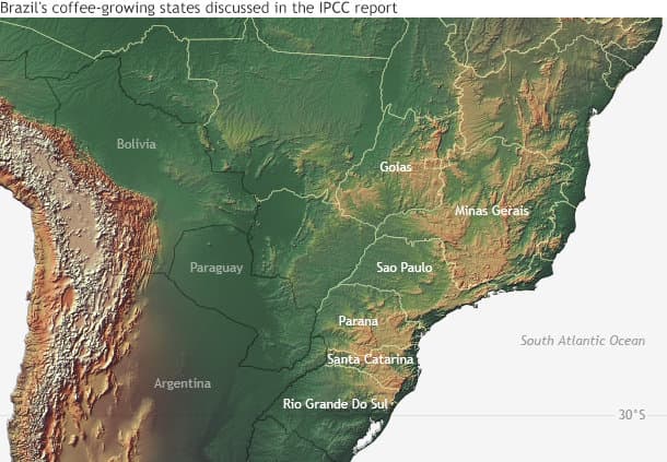 Map of coffee-growing regions in South America