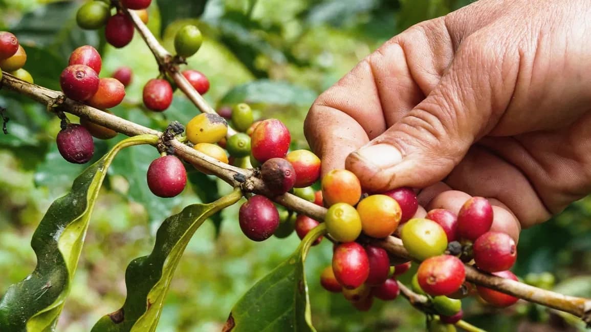 Coffee cherries being selected from a branch