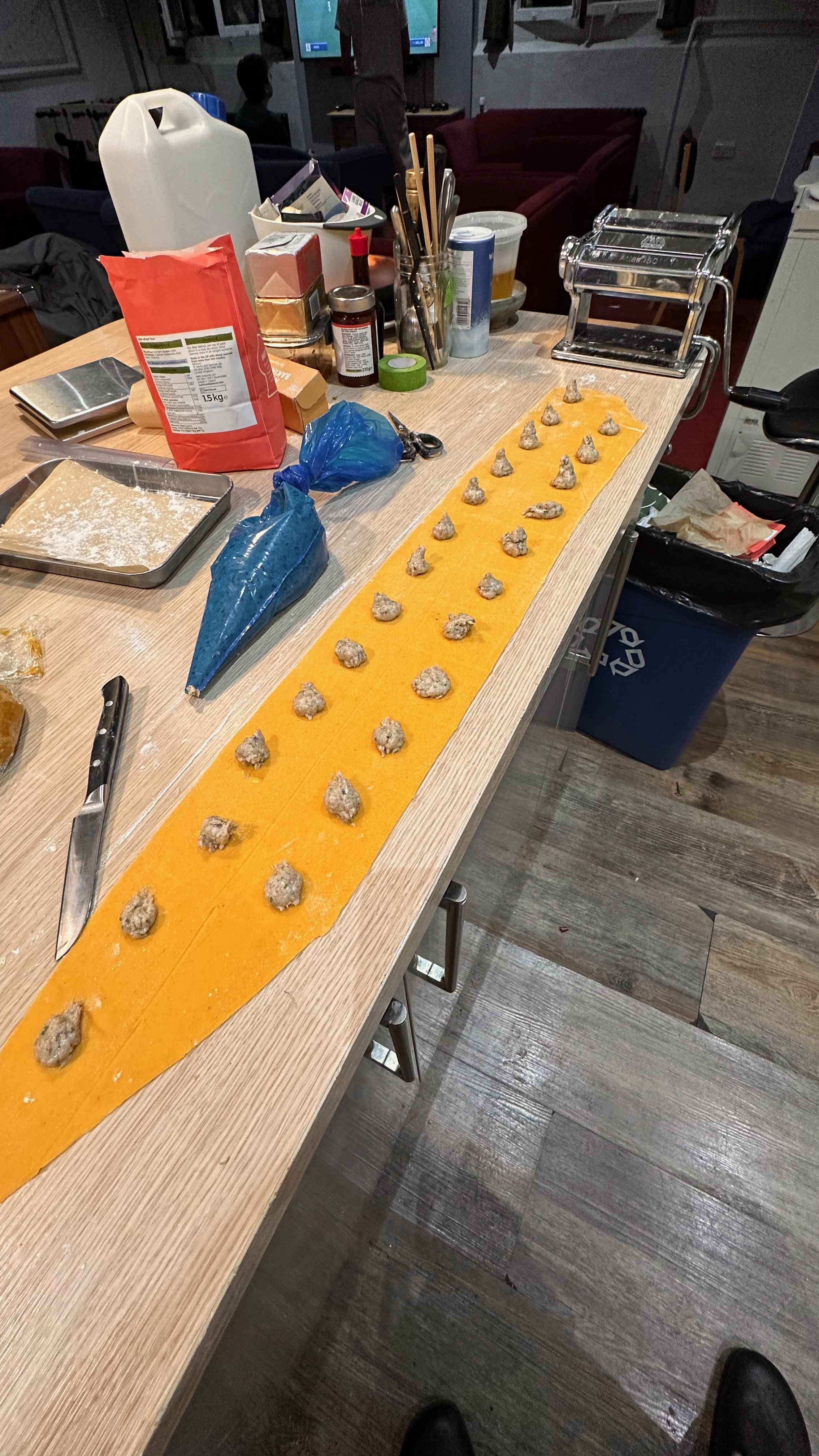 Mushroom filling portioned on a pasta sheet