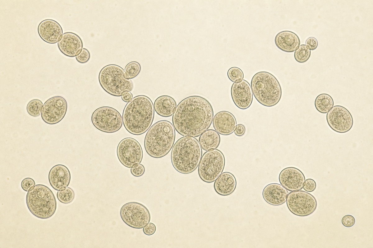 Microscopy-inspired illustration of budding oval sourdough yeast cells